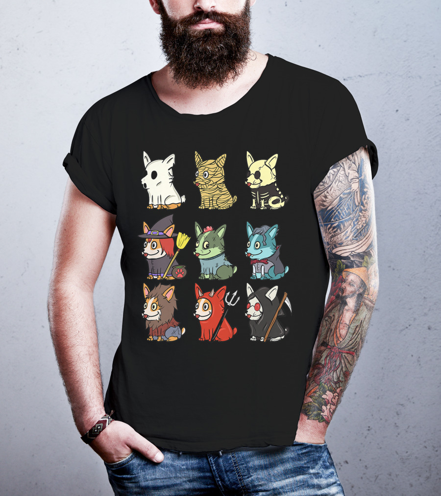 Corgi In Scary Ghost, Mummy, Skeleton, Witch, Zombie, Vampire, Werewolf, Devil, And Grim Reaper Costumes Funny Dog T-Shirt