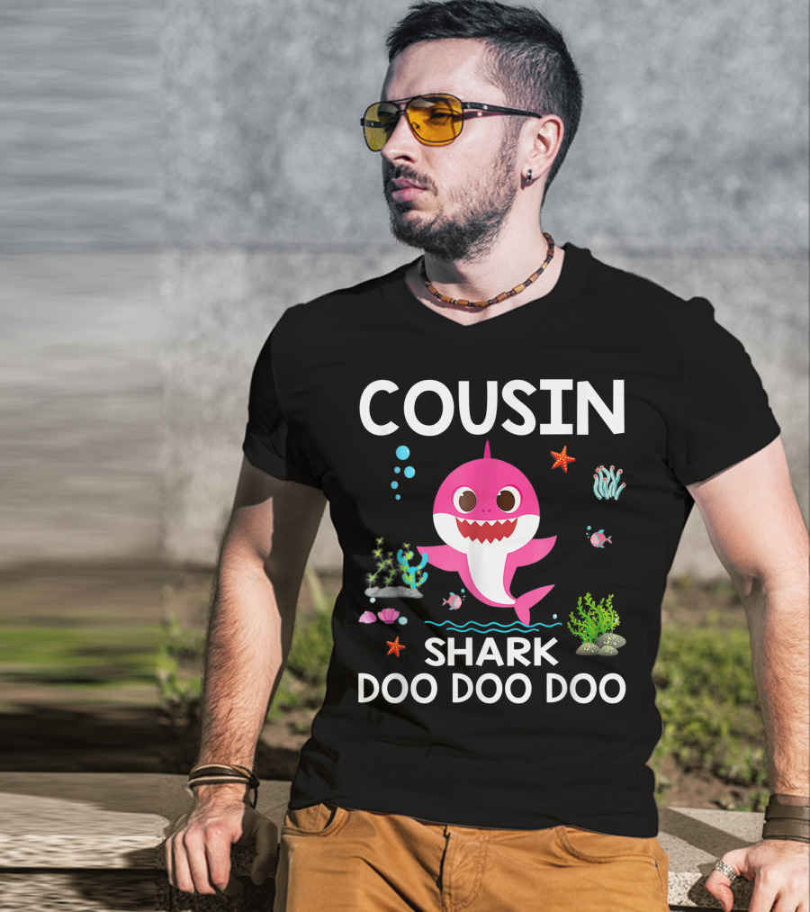 Cousin Shark Doo Doo Doo Funny Cousin Best Birthday With Underwater Sea Creatures And Pink Shark T-Shirt
