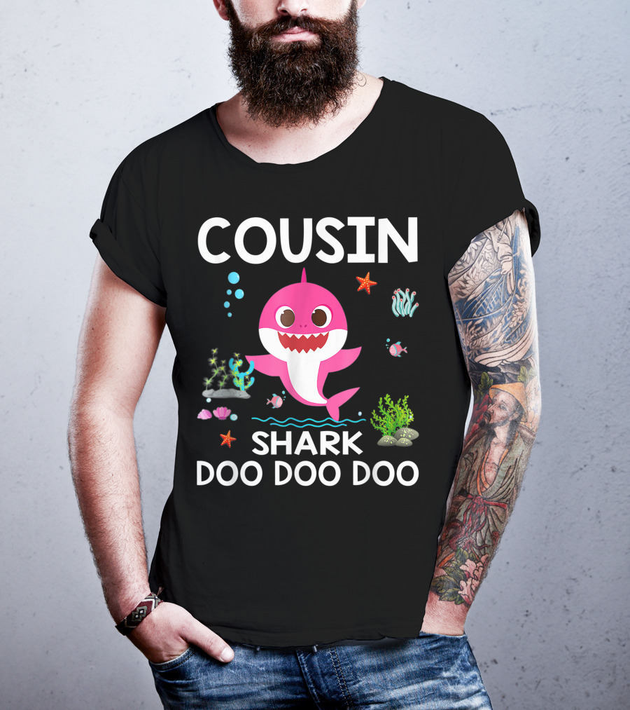 Cousin Shark Doo Doo Doo Funny Cousin Best Birthday With Underwater Sea Creatures And Pink Shark T-Shirt