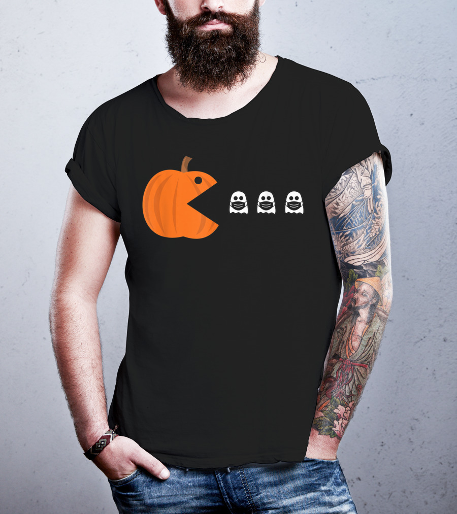Pac-Man Pumpkin Eating Ghosts Funny Halloween Men's T-Shirt