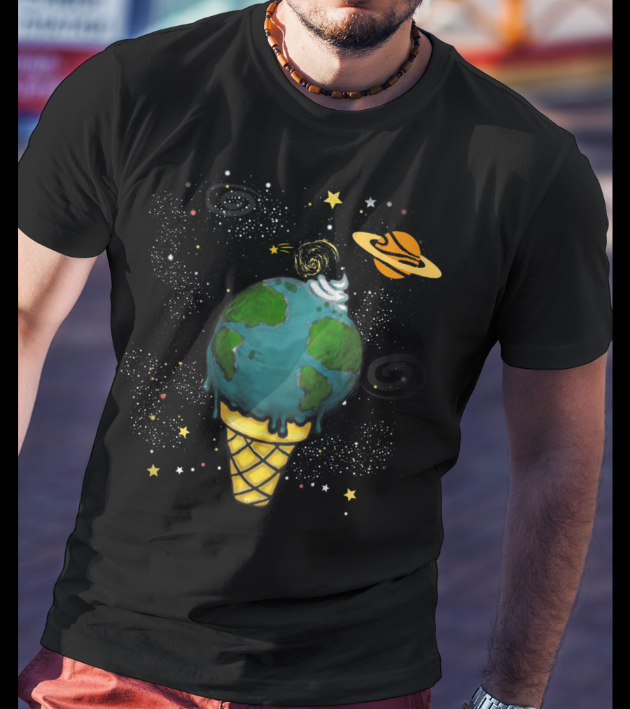 Funny Space Galaxy Earth Saturn Planets In Ice Cream Cone T-Shirt
