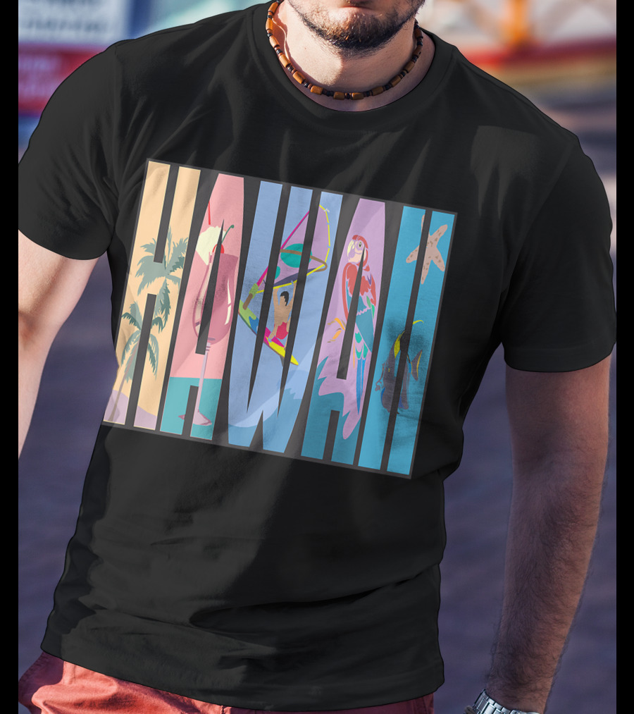 Hawaii Aloha Pearl Island Surf Sand State Floral Fish Tropical Parrot And Starfish T-Shirt