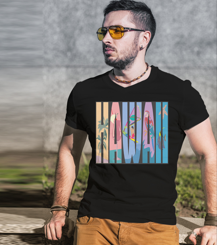 Hawaii Aloha Pearl Island Surf Sand State Floral Fish Tropical Parrot And Starfish T-Shirt