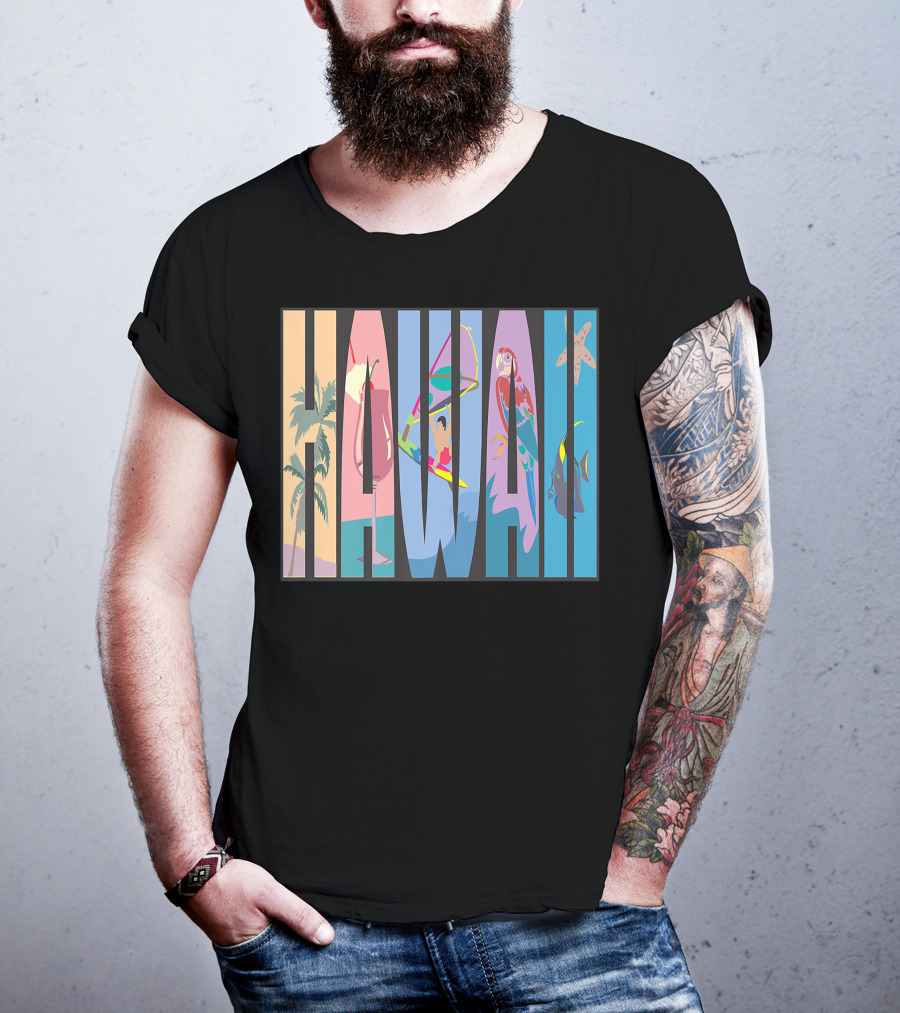 Hawaii Aloha Pearl Island Surf Sand State Floral Fish Tropical Parrot And Starfish T-Shirt
