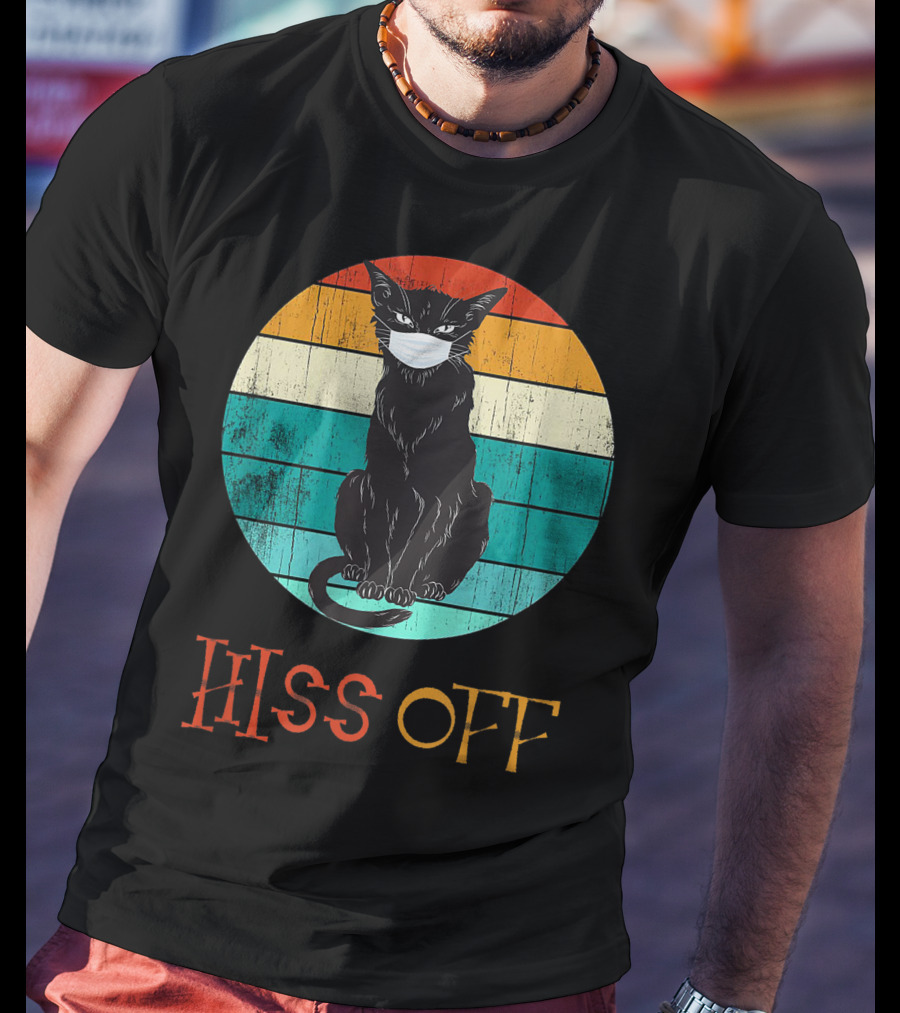 Hiss Off Black Kitty With Mask And Retro Stripes T-Shirt