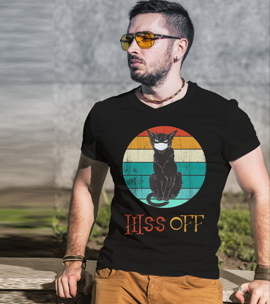 Hiss Off Black Kitty With Mask And Retro Stripes T-Shirt