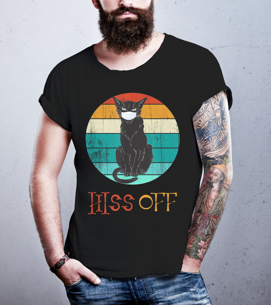 Hiss Off Black Kitty With Mask And Retro Stripes T-Shirt