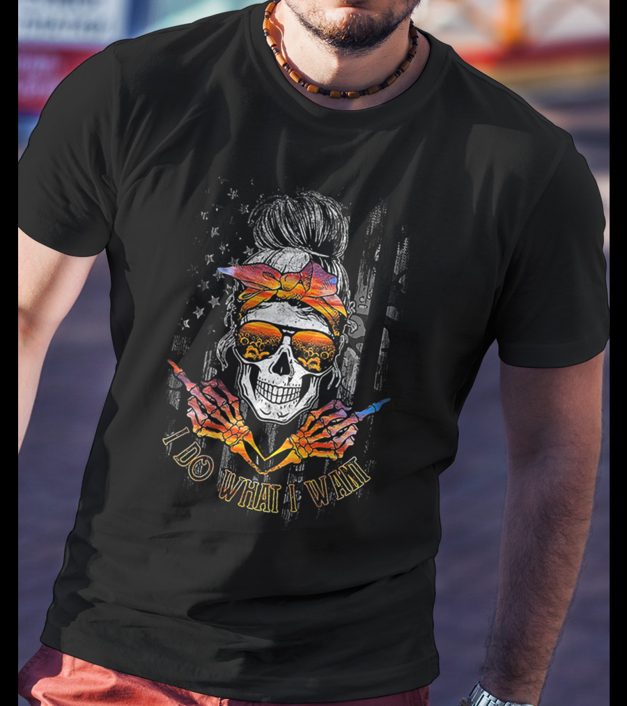 I Do What I Want Skull With Bandana And Sunglasses Against American Flag With Sunset Beach Reflections T-Shirt