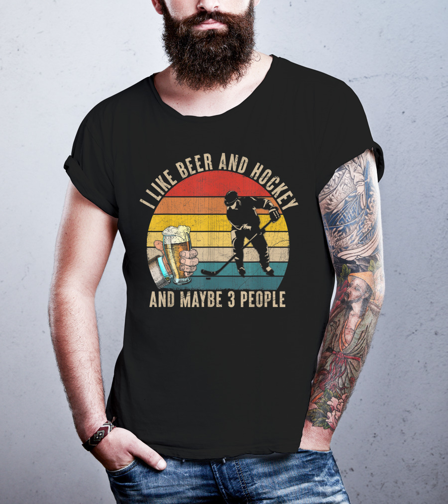 I Like Beer And Hockey And Maybe 3 People Vintage Retro T-Shirt