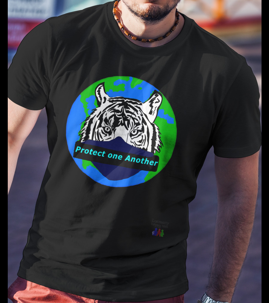 Lucmarty Protect One Another Tiger Wearing Face Mask Over Earth T-Shirt