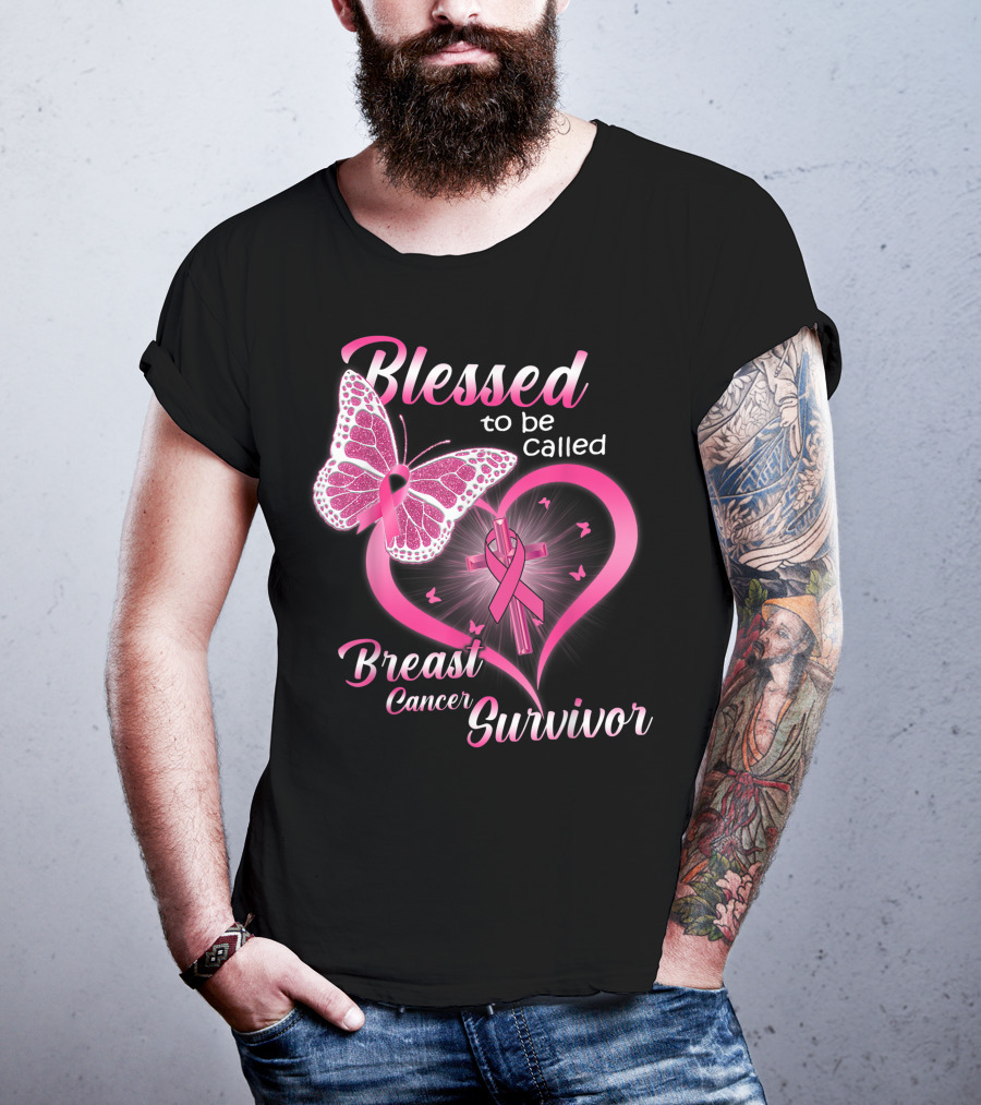 Blessed To Be Called Breast Cancer Survivor Pink Butterfly And Ribbon Heart T-Shirt