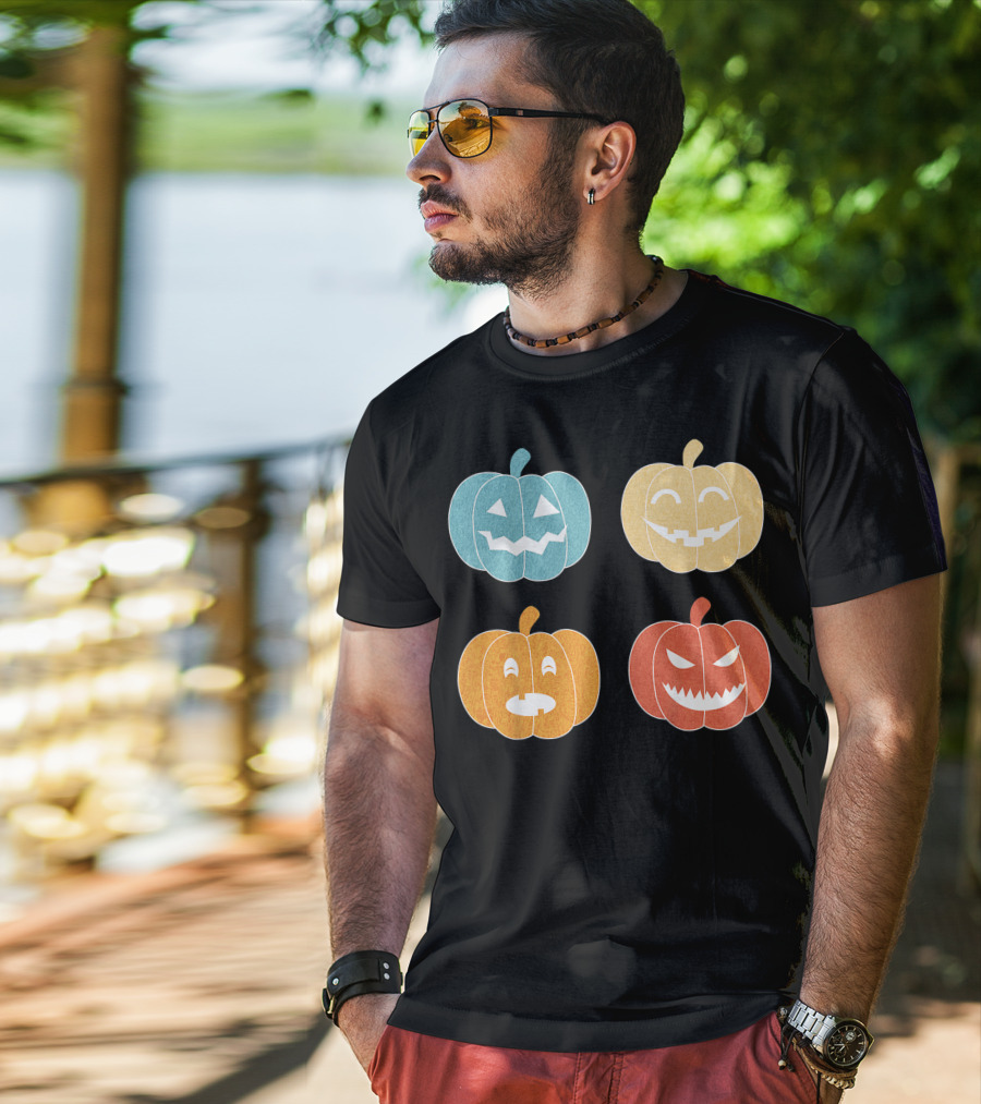 Vintage Halloween Colorful Pumpkin Faces T-Shirt