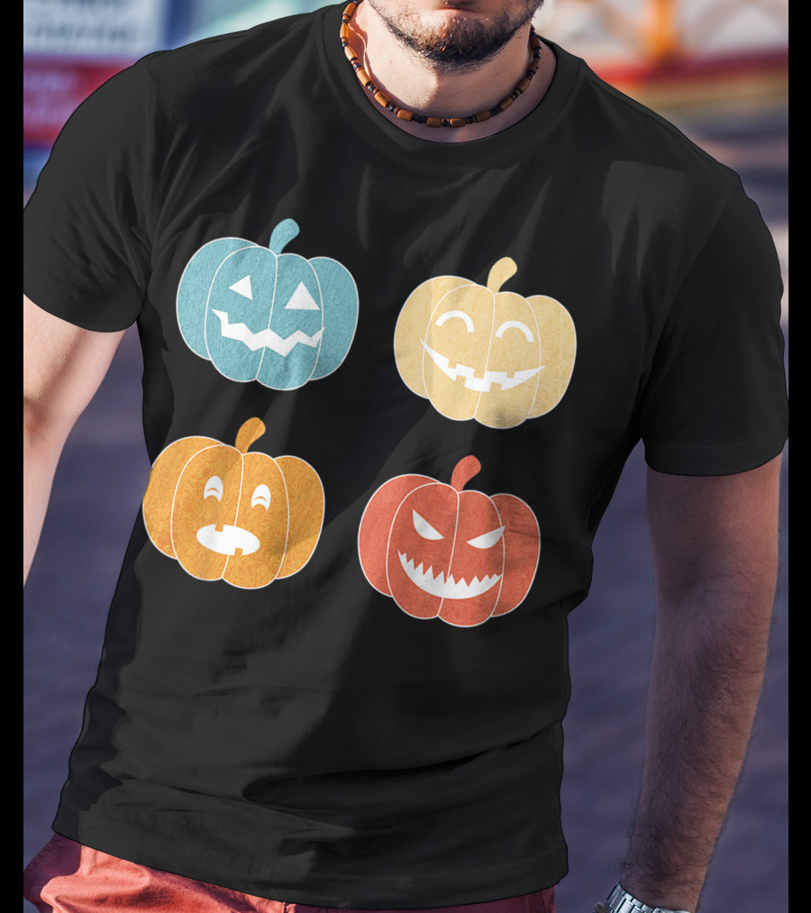 Vintage Halloween Colorful Pumpkin Faces T-Shirt