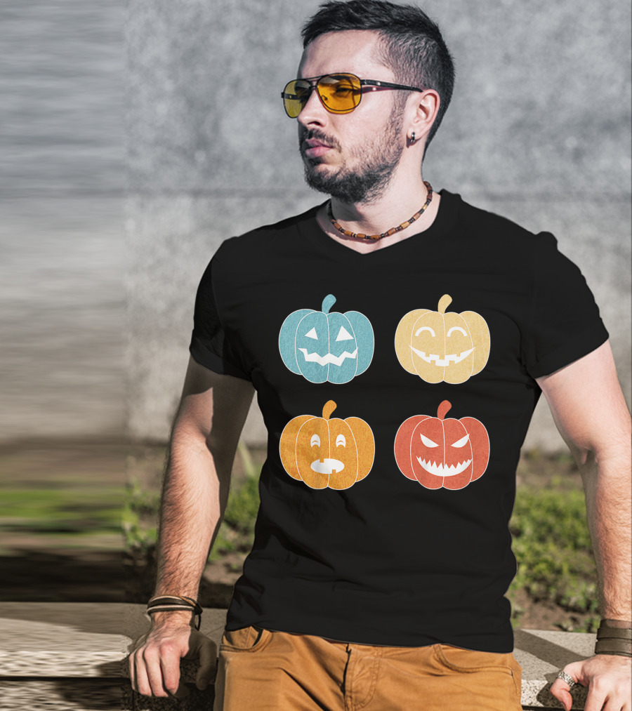 Vintage Halloween Colorful Pumpkin Faces T-Shirt