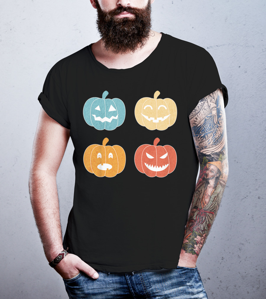 Vintage Halloween Colorful Pumpkin Faces T-Shirt