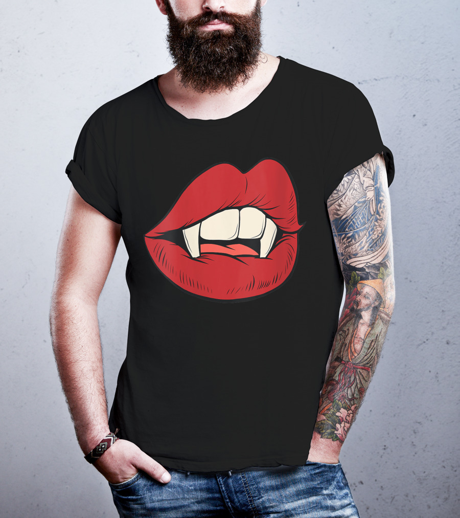 Women Vampire Kiss Halloween Rock Punk Goth Lips Fangs T-Shirt