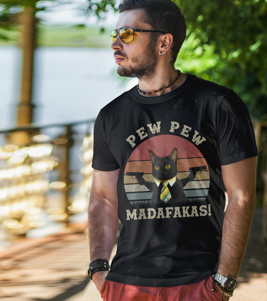 Pew Pew Madafakas Cat With Guns And Tie T-Shirt