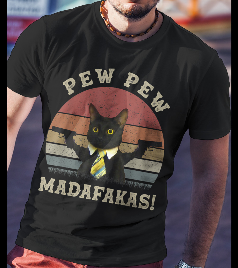 Pew Pew Madafakas Cat With Guns And Tie T-Shirt