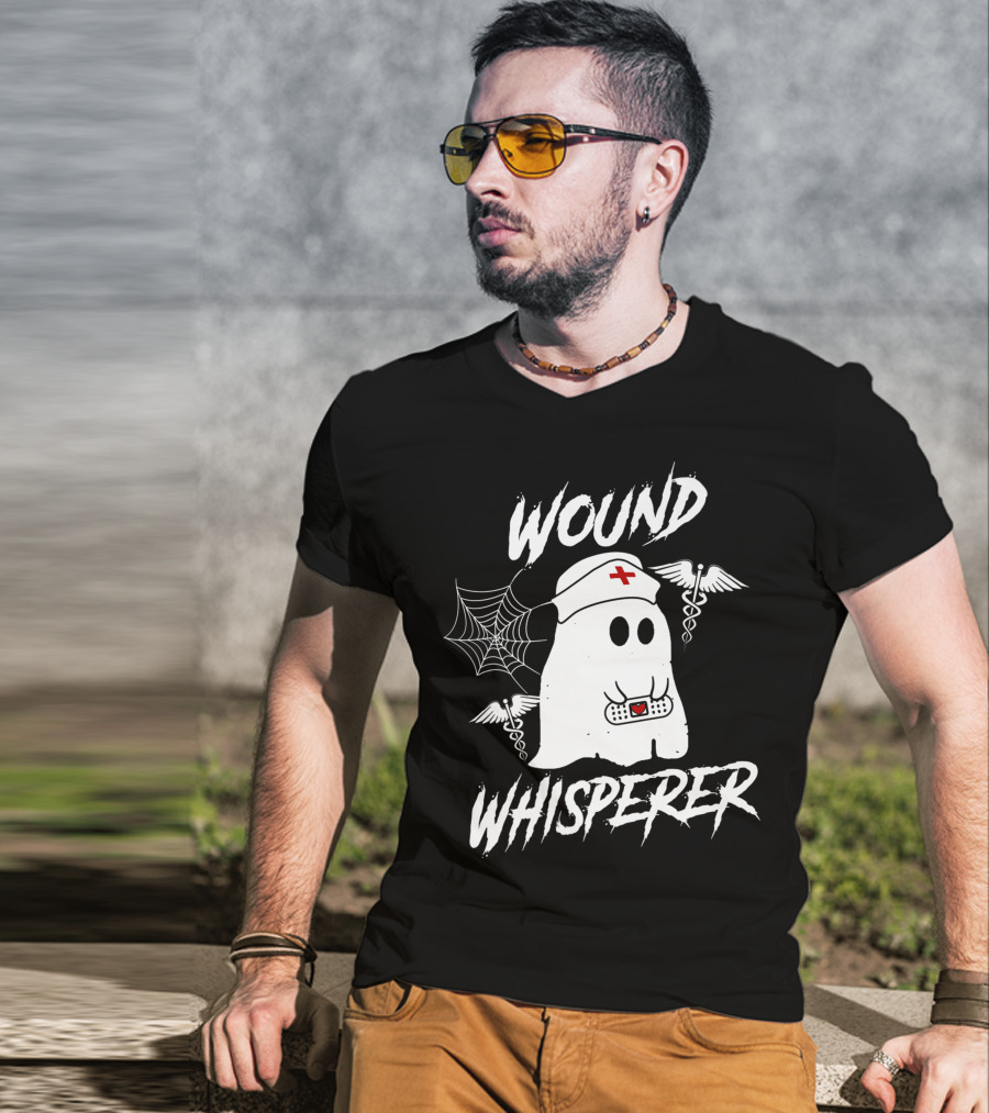 Wound Whisperer Nurse Ghost With Caduceus And Spider Web T-Shirt