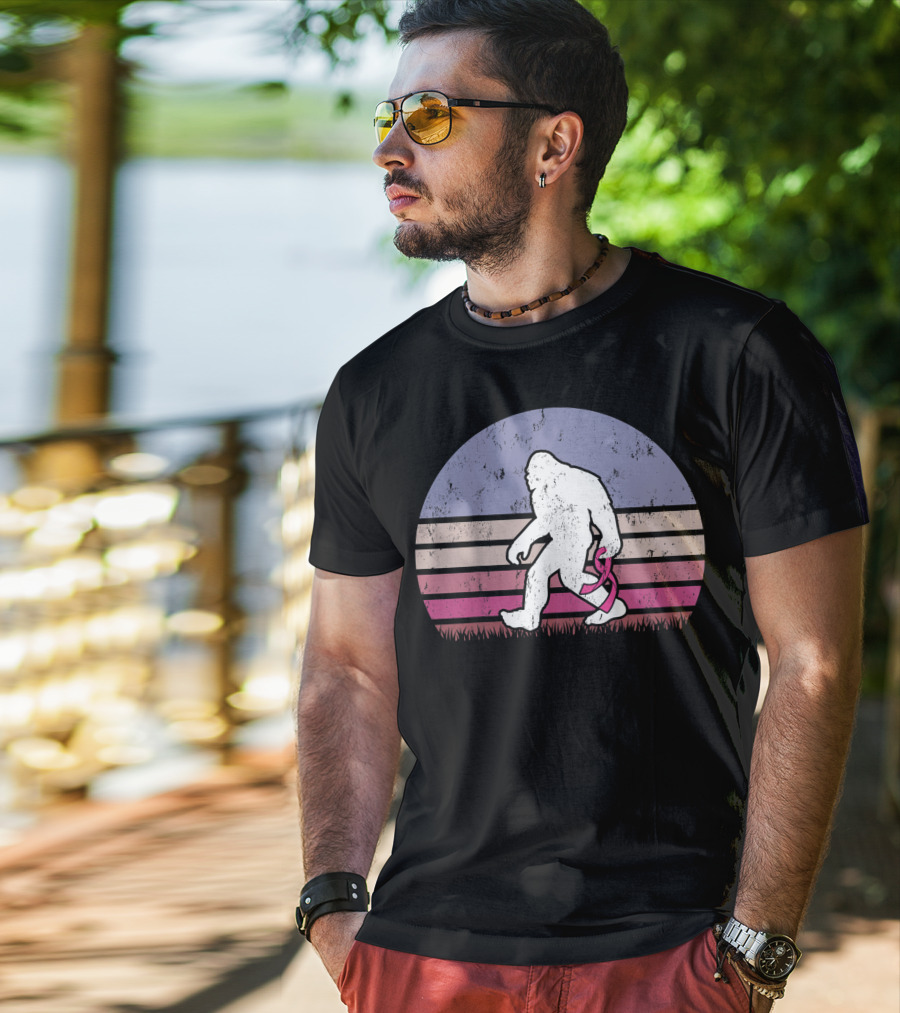 Vintage Bigfoot Breast Cancer Awareness Pink Ribbon Retro Stripes T-Shirt