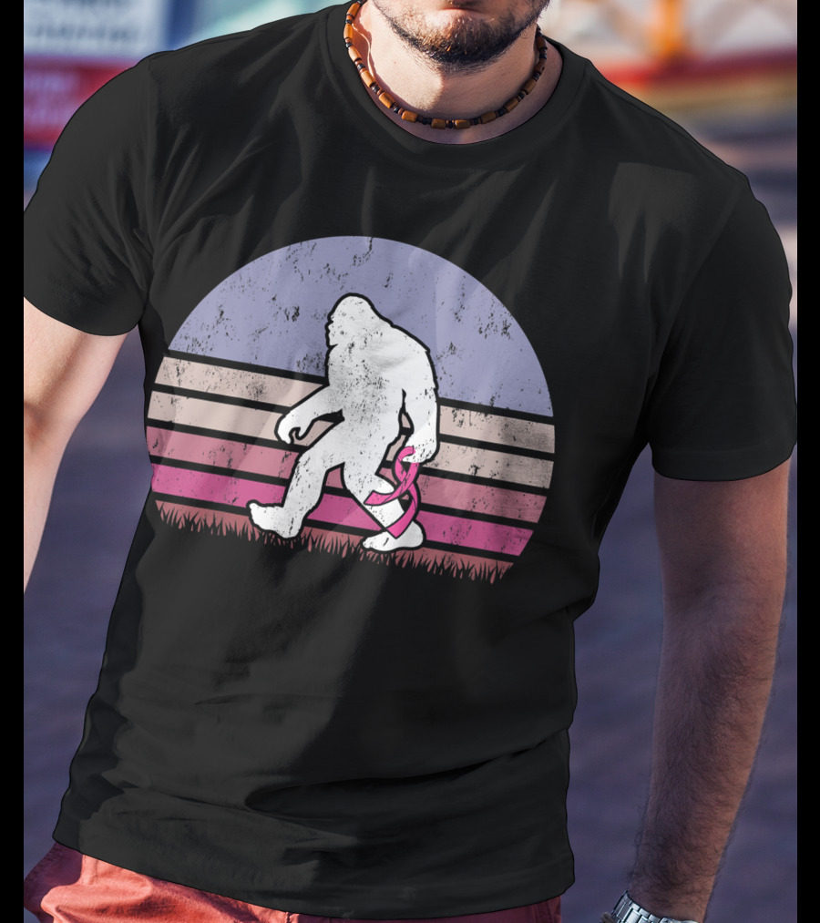 Vintage Bigfoot Breast Cancer Awareness Pink Ribbon Retro Stripes T-Shirt