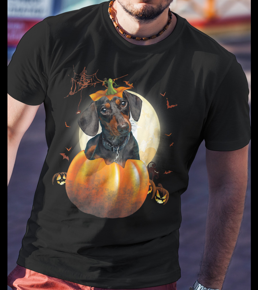 Halloween Funny Dachshund Pumpkin Moon Bats Spiderweb T-Shirt