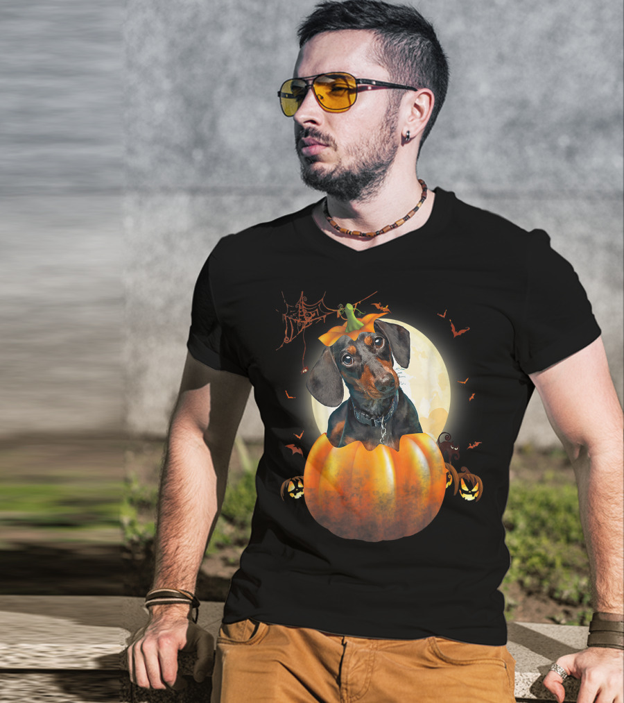 Halloween Funny Dachshund Pumpkin Moon Bats Spiderweb T-Shirt