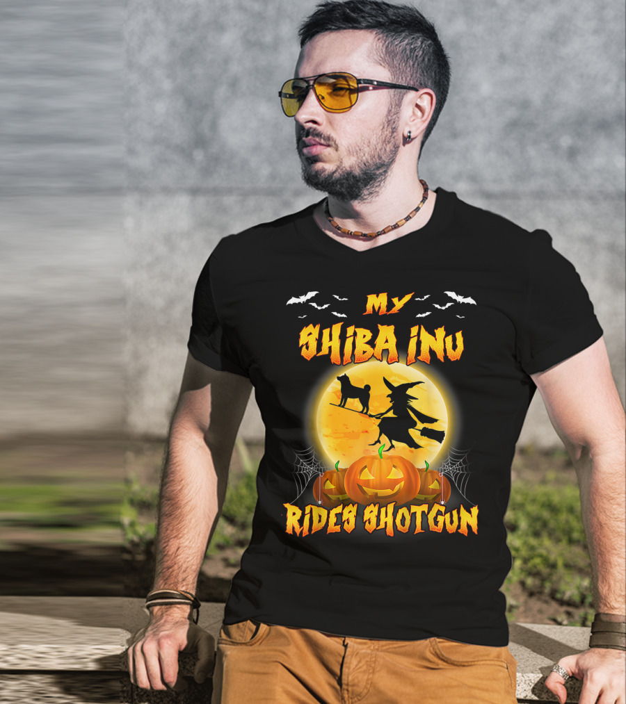 My Shiba Inu Rides Shotgun Halloween Moon Witch Pumpkins T-Shirt
