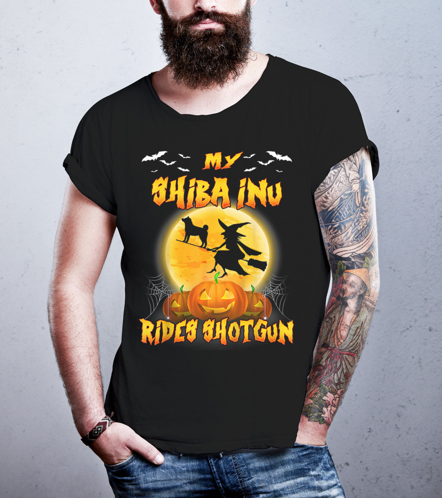 My Shiba Inu Rides Shotgun Halloween Moon Witch Pumpkins T-Shirt