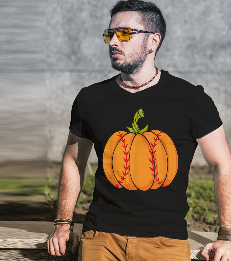 Thanksgiving Baseball Halloween Pumpkin Boys Pitcher Catcher Colorful Stitched T-Shirt