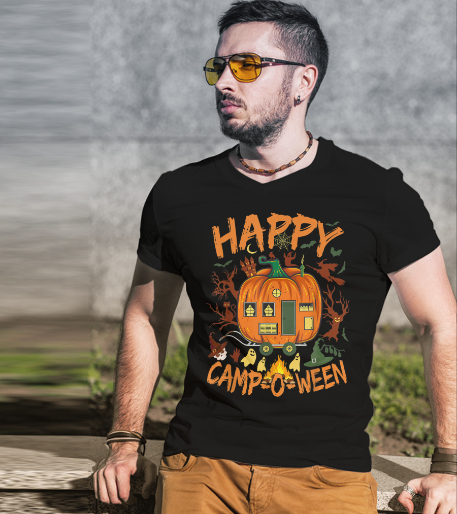 Happy Camp O Ween Halloween Camping Camper With Pumpkin, Ghosts, And Witch Hat T-Shirt