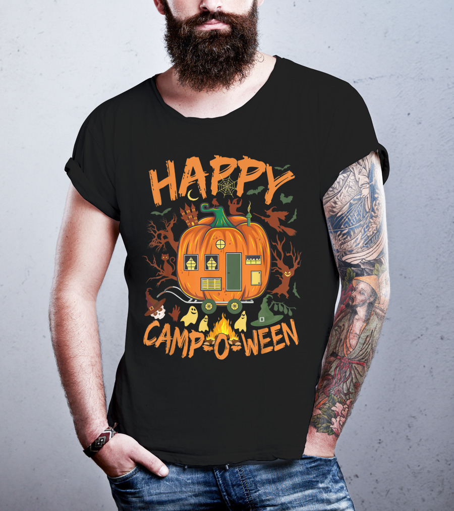 Happy Camp O Ween Halloween Camping Camper With Pumpkin, Ghosts, And Witch Hat T-Shirt
