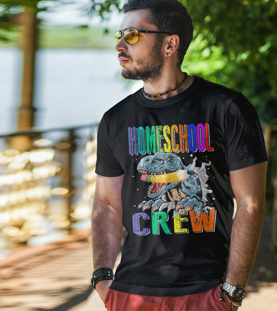 Homeschool Crew Dinosaur Funny Back To School Rainbow Colorful Pencil T-Rex T-Shirt