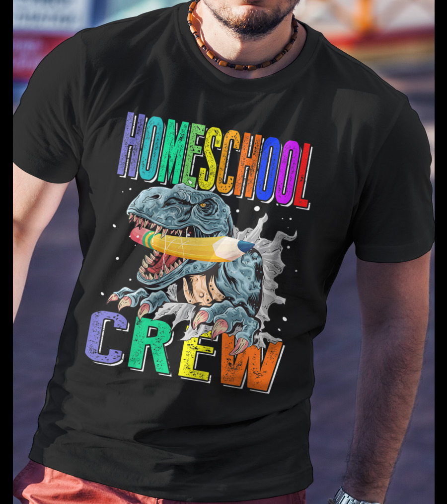 Homeschool Crew Dinosaur Funny Back To School Rainbow Colorful Pencil T-Rex T-Shirt