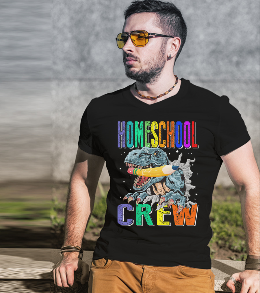 Homeschool Crew Dinosaur Funny Back To School Rainbow Colorful Pencil T-Rex T-Shirt
