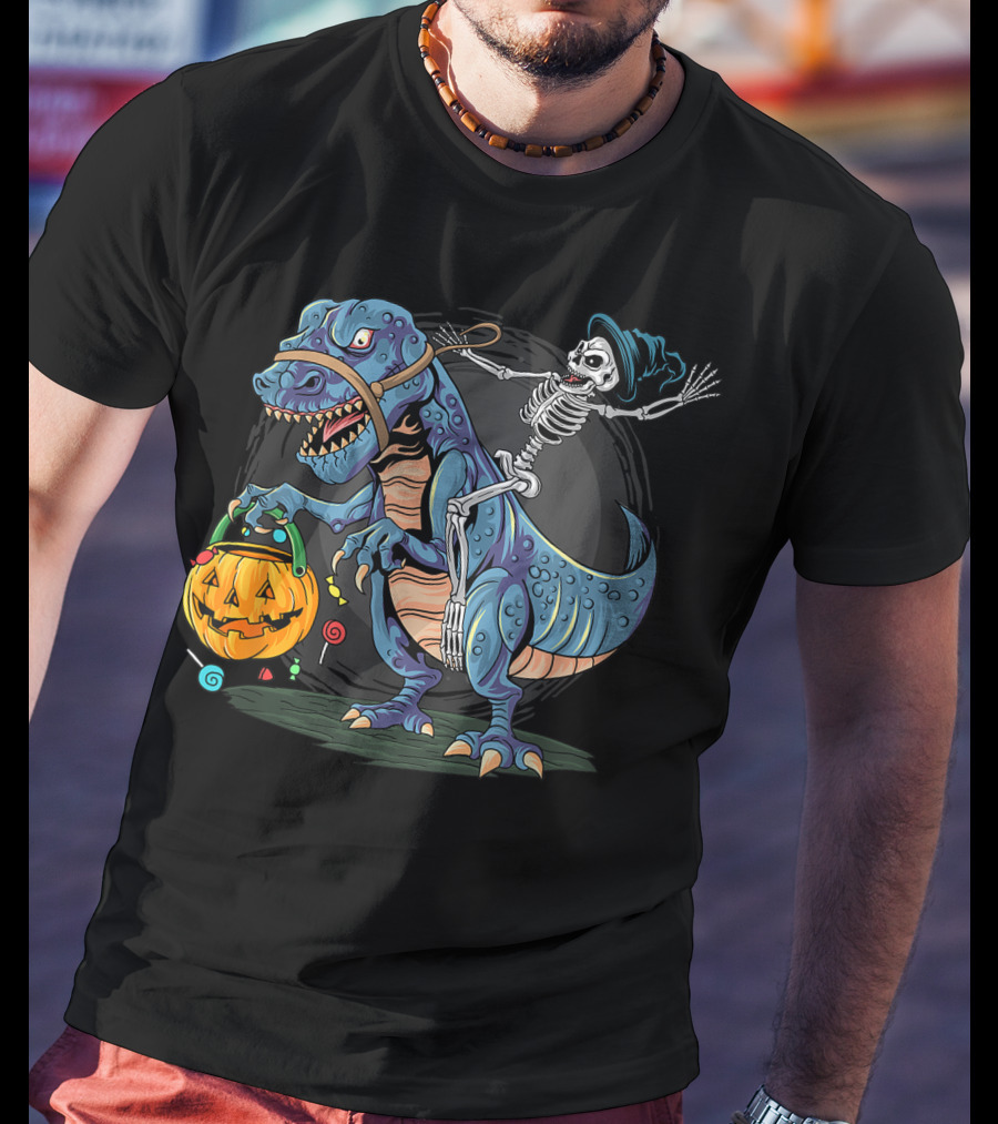 Skeleton With Candy Pumpkin Riding Rex Halloween T-Shirt