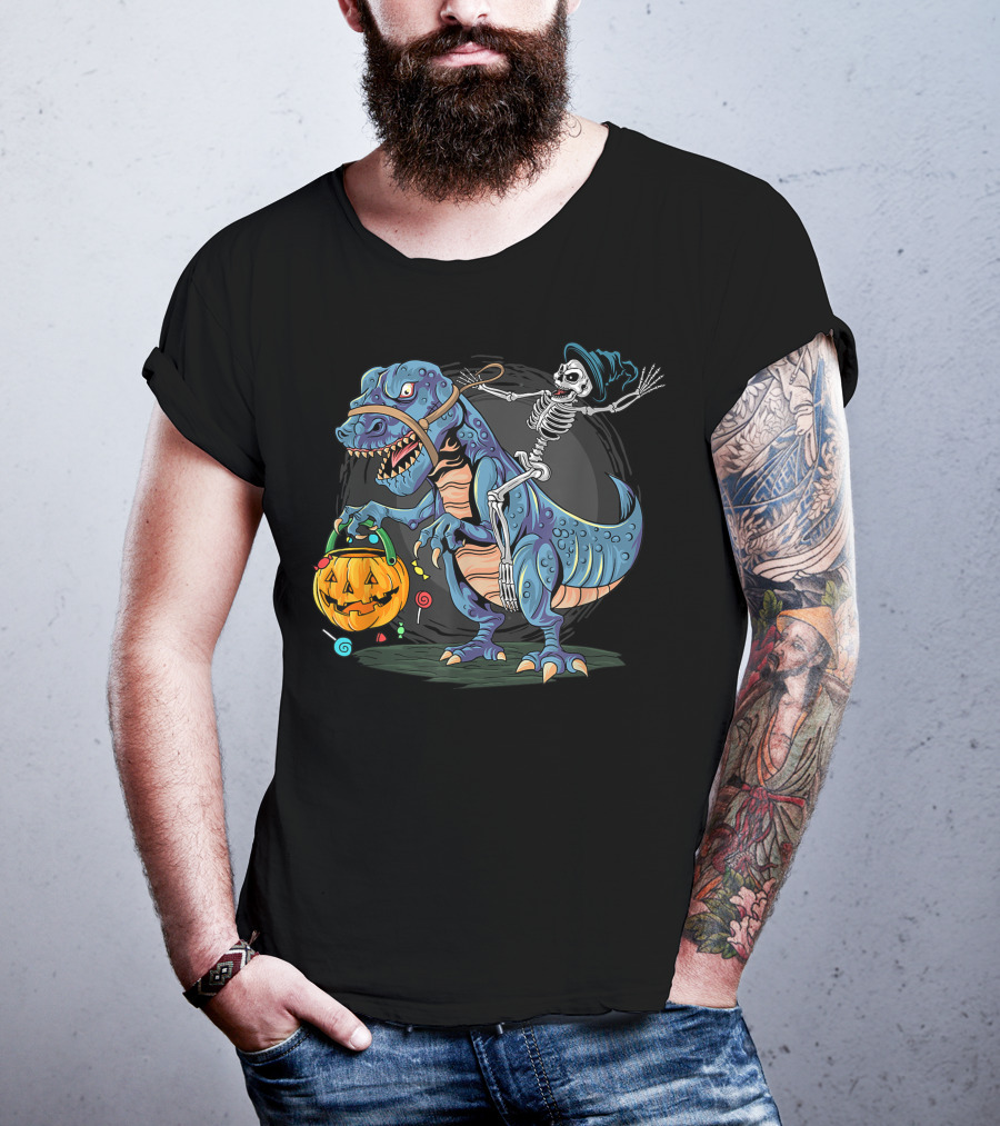 Skeleton With Candy Pumpkin Riding Rex Halloween T-Shirt