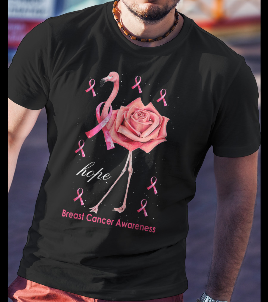 Hope Flamingo Breast Cancer Awareness Pink Ribbon Flower T-Shirt