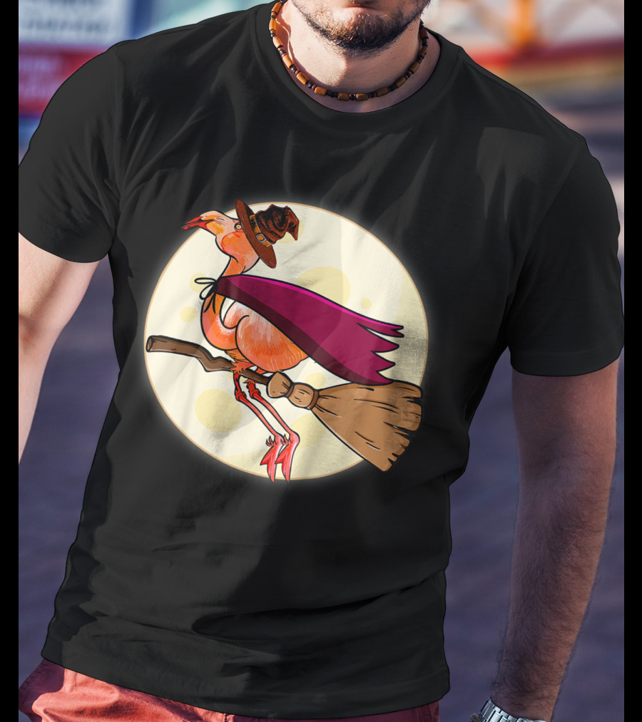 Funny Flamingo Witch Halloween Costume Colorful Lovers Broomstick Moon Hat T-Shirt
