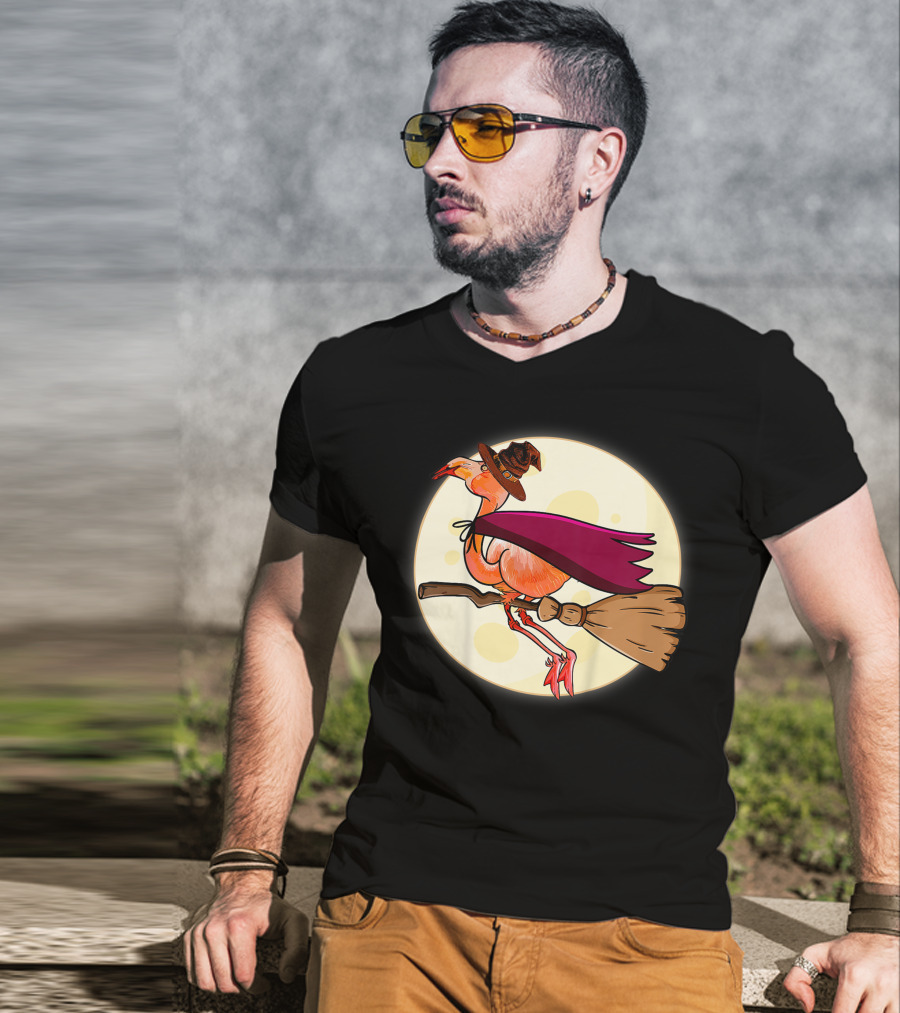 Funny Flamingo Witch Halloween Costume Colorful Lovers Broomstick Moon Hat T-Shirt