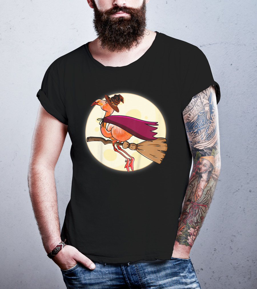 Funny Flamingo Witch Halloween Costume Colorful Lovers Broomstick Moon Hat T-Shirt