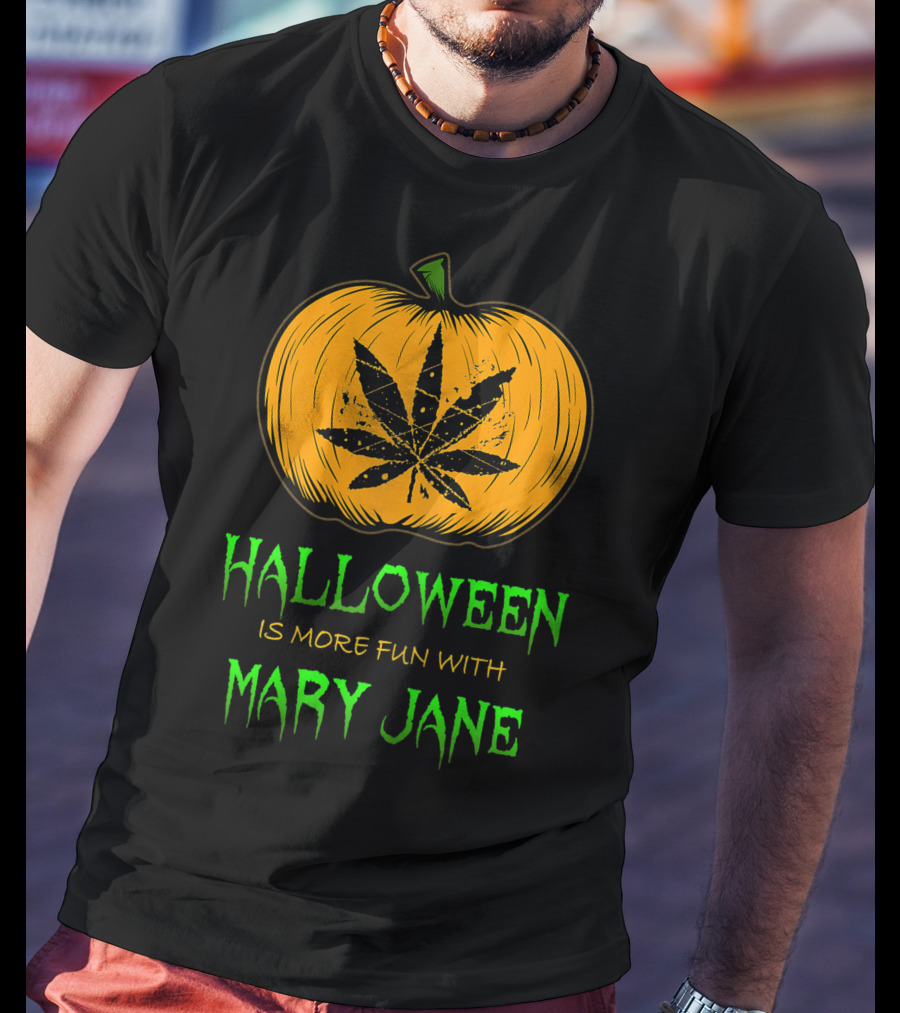 Halloween Is More Fun With Mary Jane Pumpkin Weed Leaf T-Shirt