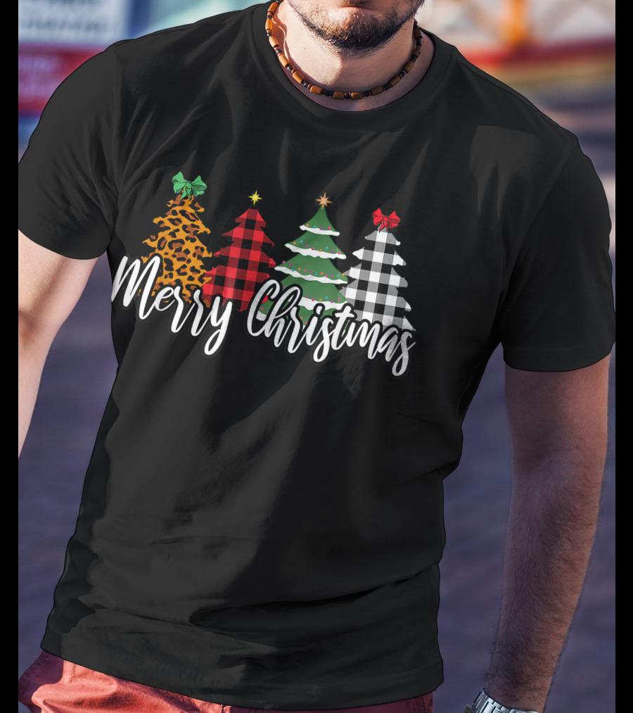 Merry Christmas Leopard Print Buffalo Plaid Holiday Trees T-Shirt
