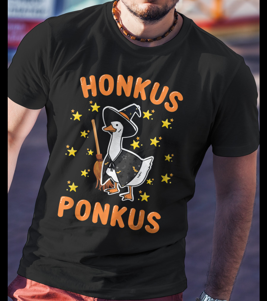 Honkus Ponkus Witch Goose Halloween Magic Stars Broom T-Shirt