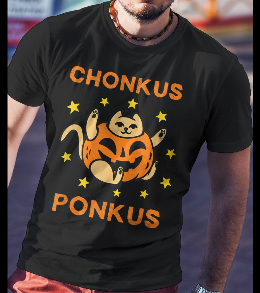 Chonkus Ponkus Funny Halloween Pumpkin Chubby Cat With Stars T-Shirt