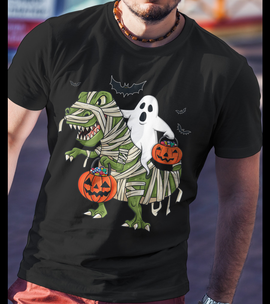 Halloween Ghost Riding Mummy Dinosaur With Pumpkins And Bats T-Shirt