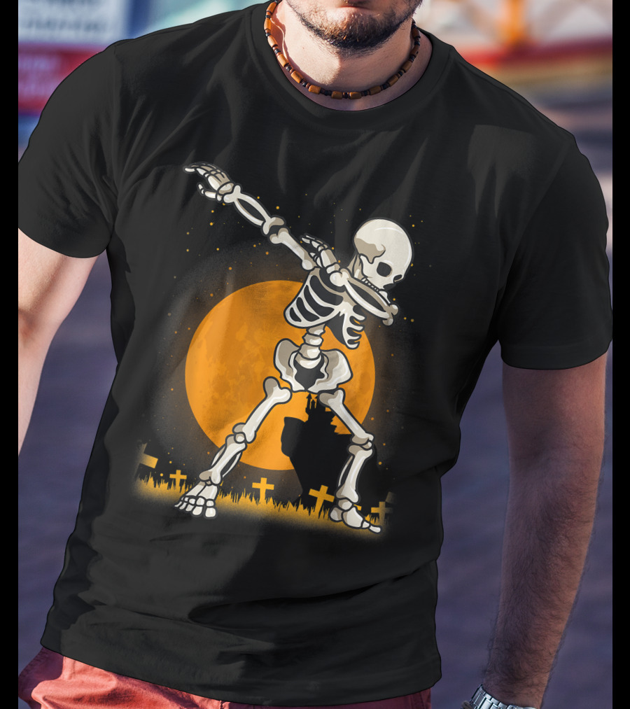 Dabbing Skeleton Dab Best Costume Halloween Moon Graveyard T-Shirt