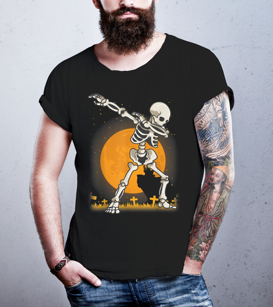 Dabbing Skeleton Dab Best Costume Halloween Moon Graveyard T-Shirt