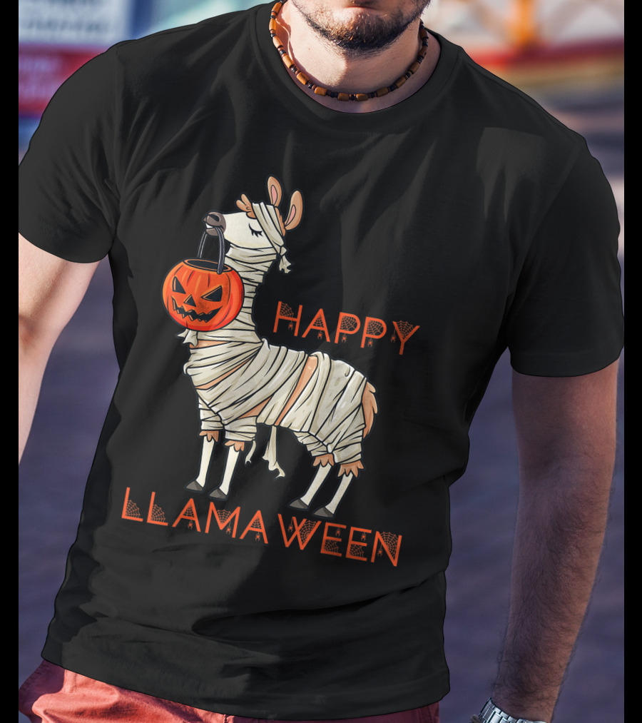 Halloween Llama Mummy Holding Pumpkin Happy Llamaween T-Shirt
