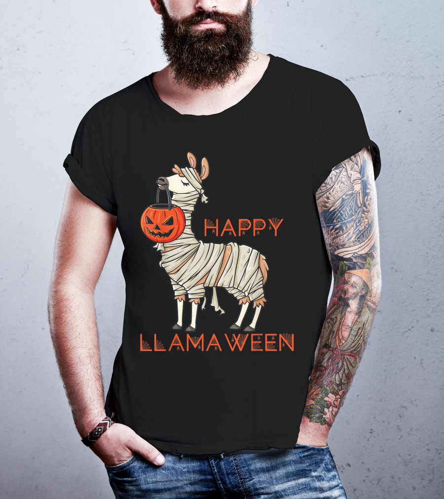 Halloween Llama Mummy Holding Pumpkin Happy Llamaween T-Shirt